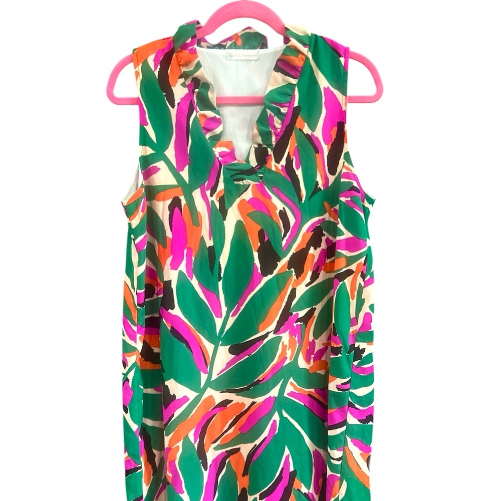 FSL Apparel Bright Tropical Print Ruffle Neck Shift Dress Vacation Size Small